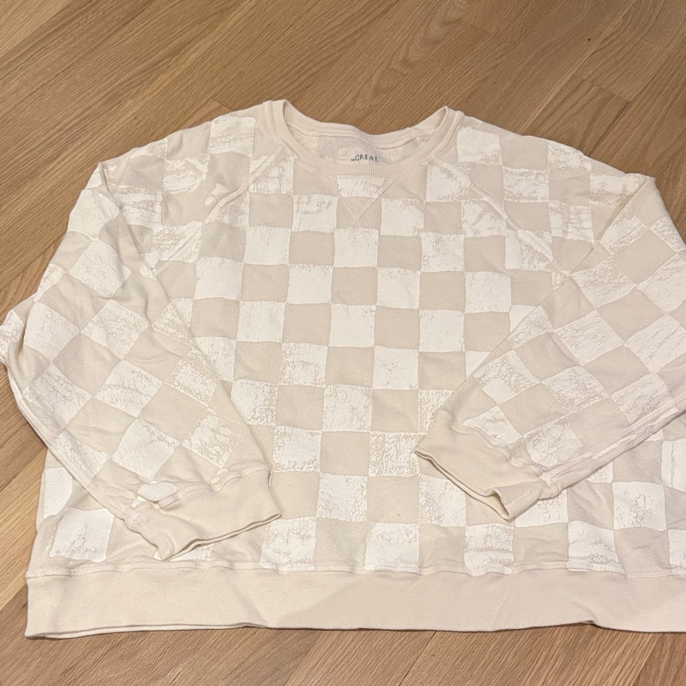 THE GREAT. Cream and White Checkered Slouch Sweatshirt